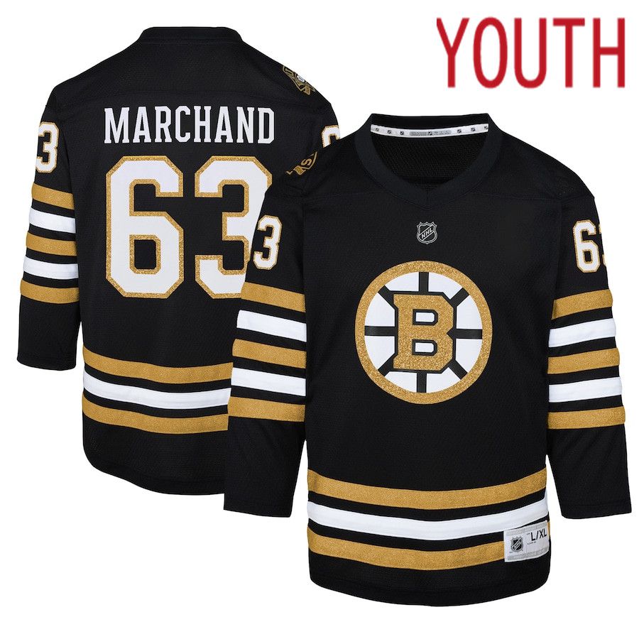 Youth Boston Bruins 63 Brad Marchand Black 100th Anniversary Replica Player NHL Jersey